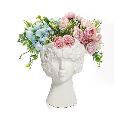 Vase à fleurs en céramique blanche pour le décor, Vase de visage de forme féminine de style moderne, Vase à fleurs Unique pour décor de bureau à domicile - A
