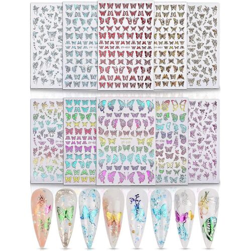 10 Feuilles Holographic Butterfly Nail Stickers Decals Holo Gold Silver Multicolor Different Shapes Nail Adhesive Stickers 