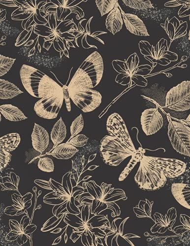 Gold Flower Journal: Botanical Composition Notebook College Ruled, Black And Gold Desk Notepad, Beautiful Gift For Writer, Vintage Butterfly Composition Notebook