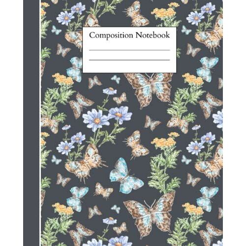 Composition Notebook: College Ruled Lined Notebook With Pretty Brown And Blue Butterflies And Flowers