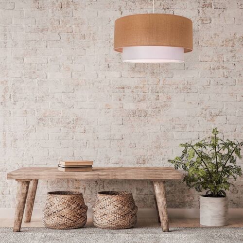 Suspension Boho, Abat-Jour Double Jute Brun/Blanc