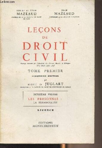 Leçons De Droit Civil - Tome Premier - 5e Édition Par Michel De Juglart - 2e Vol. : Les Personnes : La Personnalité