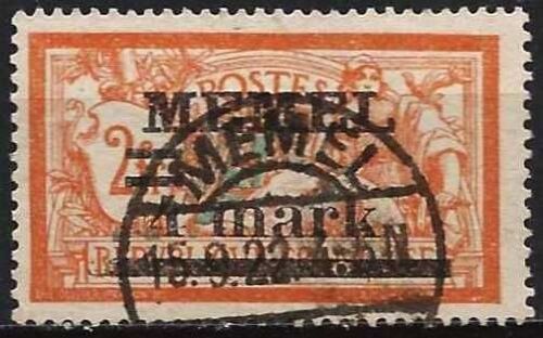 Lituanie, Enclave De Memel Sous Administration Française 1920, Beau Timbre Yvert 31, Type Merson 2f. Orange Et Vert Bleu Surchargé "Memel 4 Mark", Oblitéré, Tbe