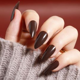 Kal-24pcs Français Faux Ongles Court Amande Press On Nails Couleur Pure Naturel Ongles À Coller Ballerine Capsules Ongles Glossy Acrylique Faux Ongles Autocollants Pour Femmes Et Filles (Châtaigne) 