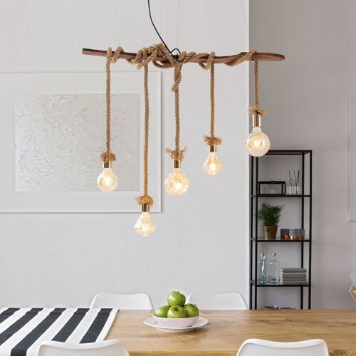 Suspension Rope, À 5 Lampes, En Bois Et En Jute