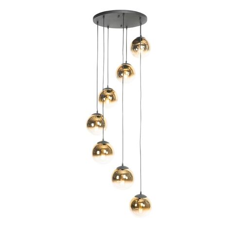 Qazqa Art Deco Art Deco Hanglamp Zwart Met Goud Glas 7-Lichts - Pallon Verre /Acier Doré/Laiton,Noir Oblongue / Luminaire / Lumiere / Éclairage / Intérieur / Salon / Cuisine E27 Max. 7 X 25...
