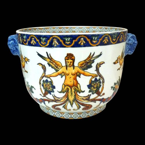 Cache Pot Ancien Cramique Faence De Gien Tte De Bouc Ange Oiseaux Multicolore