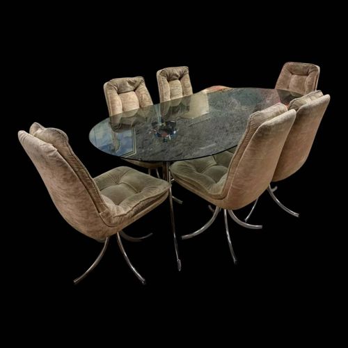 Table En Verre Fum Avec 8 Chaise Pivotant Vintage Annes 70 Gastone R Dore