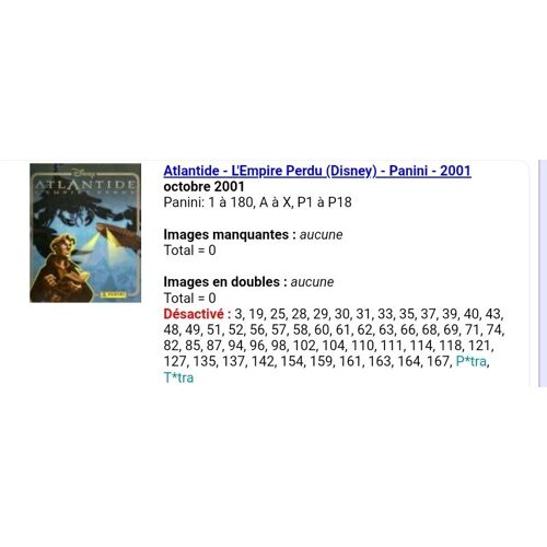 Atlantide - L'empire Perdu (Disney) - Panini 2001 - Liste Des Images Pour Un Lot
