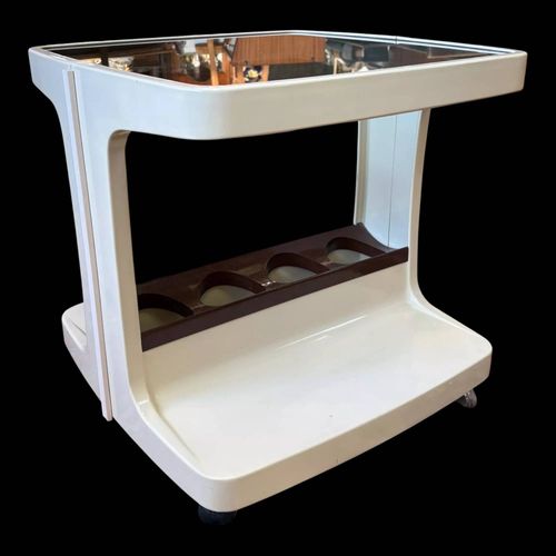 Desserte Roulante Vintage Annes 70 En Plastique Et Miroir Fum Blanc