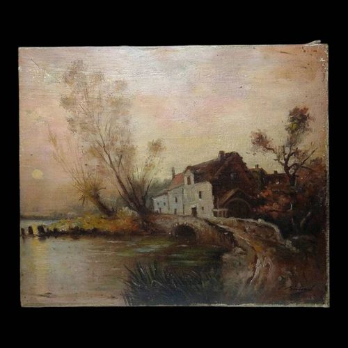 Grand tableau ferme sur tang ancien XIXe signature huile sur toile lin multicolore