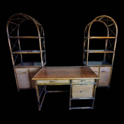 Lot Bibliothques Et Bureau Rotin Vert