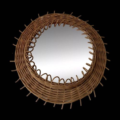 Miroir rond soleil en osier vintage 1950 marron