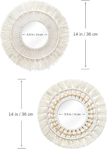 Miroir mural 2 pièces miroir à franges en macramé Boho avec pendentif en perles de bois miroir d'art mural rond pour couloir de chambre