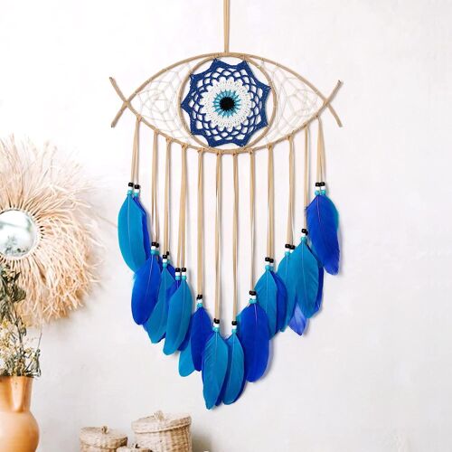 Evil Eye Dream Catcher Attrape-rêves en plumes blanches tissées à la main Tenture murale Décoration de la maison Ornement Bénédiction Cadeau ? Bleu / Marron