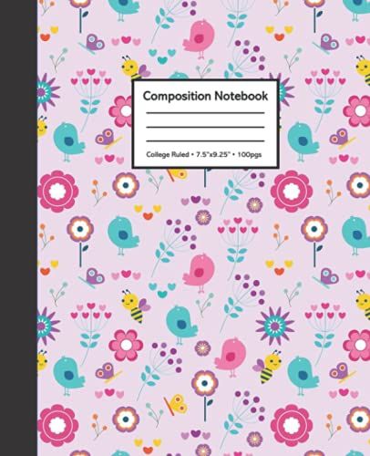 Composition Notebook College Ruled: Composition Notebook With 100 College Ruled Pages, Retro 70s Bumble Bees Birds Heart Flowers