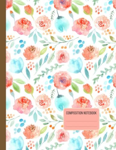 Pretty Watercolor Rose Pattern Composition Notebook: Large Size And Medium Ruled Flower Themed Gift Book For Women