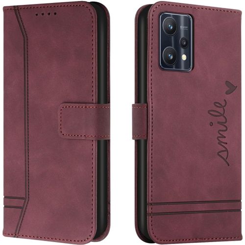 Coque Pour Realme 9 Pro Plus/Realme 9 Pro +, Etui Cuir Avec Magnetique, Flip Pochette Housse Pour Realme 9 Pro Plus/Realme 9 Pro + Protection, Vin Rouge