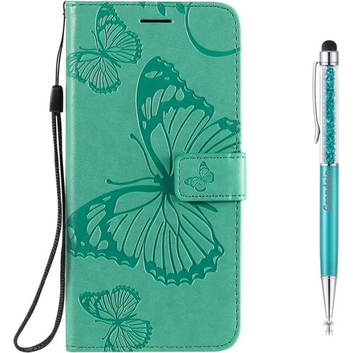 Coque Pour Samsung Galaxy M11, Papillon Gaufrage Housse Rtro Pu En Cuir Premium Bookstyle Flip Portefeuille Etui Avec Tpu Silicone Souple Phone Case Avec Fermeture Magntique (Vert