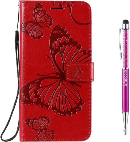Coque pour Samsung Galaxy A21S, Papillon Gaufrage Housse Rtro PU en Cuir Premium Bookstyle Flip Portefeuille Etui avec TPU Silicone Souple Phone Case avec Fermeture Magntique (Rouge