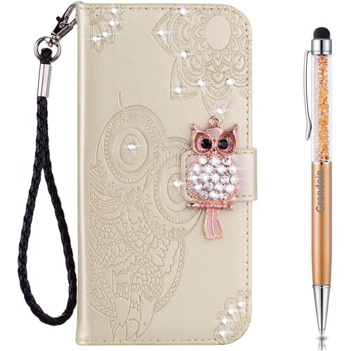 Coque Pour Samsung Galaxy A32 5g, Brillant Cristal Diamant [Srie Hibou] Flip Cover Tui De Protection Housse En Portefeuille Pu Cuir [Fente De Carte] [Fermeture Magntique] (Or)