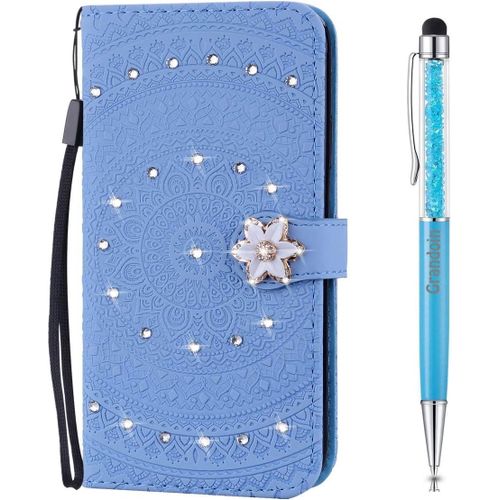 Coque Pour Huawei P30, [Srie Mandala] Brillant Cristal Diamant Bookstyle Flip Cover Tui De Protection Housse En Pu Cuir Avec Tpu Silicone Souple Phone Case (Bleu)