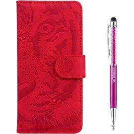 Coque Pour Galaxy Note 10, [Gaufrage De Tigre] Bookstyle Flip Cover Tui De Protection Housse En Pu Cuir Avec Tpu Silicone Souple Antichoc Phone Case Pour Samsung Galaxy Note 10(Rouge)