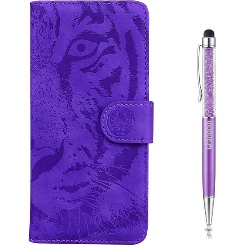 Coque Pour Redmi 9a, [Gaufrage De Tigre] Bookstyle Flip Cover Tui De Protection Housse En Pu Cuir Avec Tpu Silicone Souple Antichoc Phone Case Pour Xiaomi Redmi 9a(Violet)