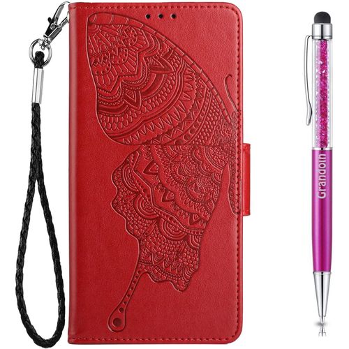 Coque Pour Xiaomi Redmi 9a, Etui Portefeuille Xiaomi Redmi 9a, Housse En Cuir Pu Etui Rabat Clapet Magntique De Protection Antichoc Flip Case Avec Fentes De Cartes (Rouge)