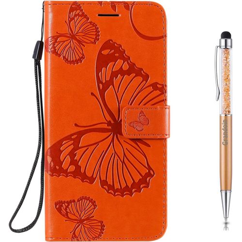 Coque Pour Samsung Galaxy M11, Papillon Gaufrage Housse Rtro Pu En Cuir Premium Bookstyle Flip Portefeuille Etui Avec Tpu Silicone Souple Phone Case Avec Fermeture Magntique (Orange