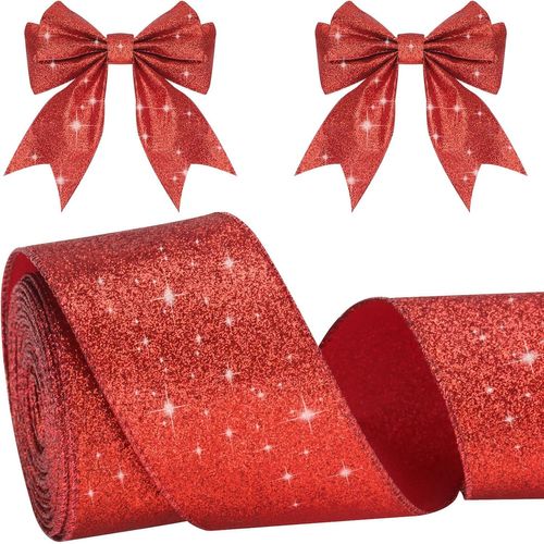 6cm Ruban Rouge Noel avec Fil - 10m Ruban Cadeau Emballage Brillant, pour Arbres de Noëll, Mariage, Couronnes, Artisanat