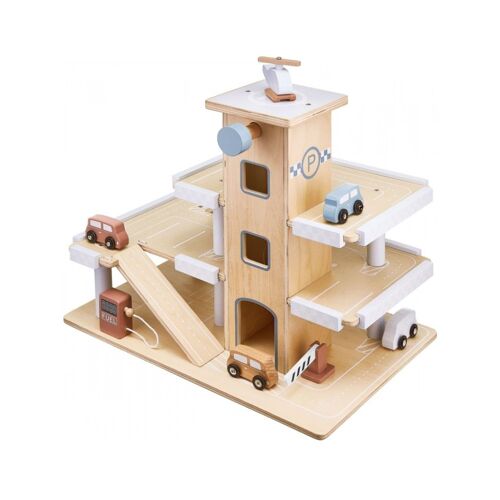 Mamabrum Garage Pour Voitures En Bois  Parking Avec Piste D'atterrissage 4 Voitures 1 Hélicoptère - Ascenseur - 1 Pompe À Essence & Accessoires
