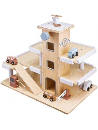 Mamabrum Garage Pour Voitures En Bois  Parking Avec Piste D'atterrissage 4 Voitures 1 Hélicoptère - Ascenseur - 1 Pompe À Essence & Accessoires