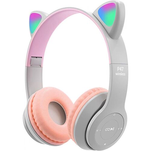KALANKA-Casque de jeu sans fil Bluetooth 5.0 pliable pour enfants et adultes avec oreilles de chat et lumières LED (gris rose)