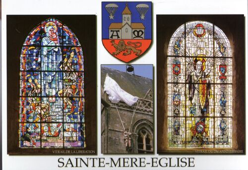 Ww2 Cp - Ste-Mère-Eglise - Blason, Vitraux, Eglise Et Parachutiste