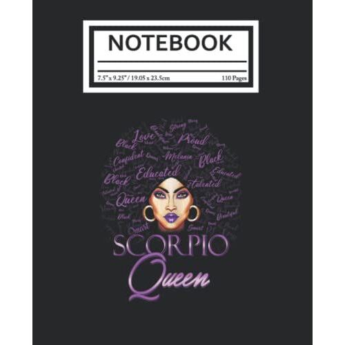 Notebook: Scorpio Girl Purple Afro Queen Black Zodiac Birthday 110 Pages College Wide Ruled Composition Notebook Journal - Lined Paper Notebooks Size 7.5x9.25 For Work School Office