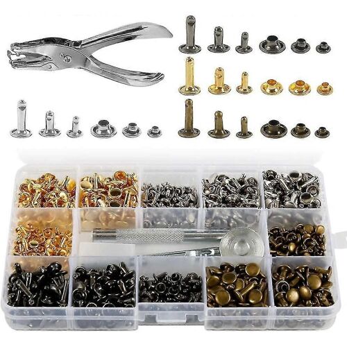 360 Rivets en cuir Set Double Cap, 3 Tailles Rivet Tubulaire en métal avec pince à poinçonner et outils de fixation 3 pièces pour la réparation du cuir Rivets de remplacement Decora