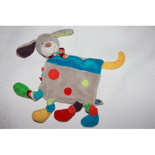 Doudou Mots D'enfants Chien Plat Bleu Multicolore Pois Ronds