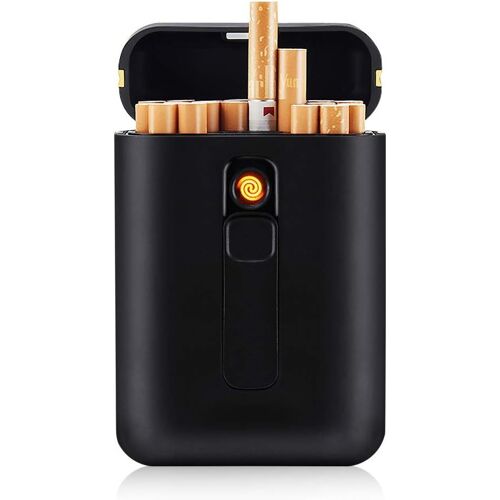 Noir - Support portable pour 20 cigarettes - avec briquet électrique sans flamme, résistant au vent, rechargeable par USB
