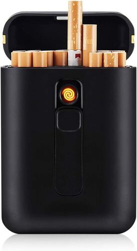 Noir - Support portable pour 20 cigarettes - avec briquet électrique sans flamme, résistant au vent, rechargeable par USB