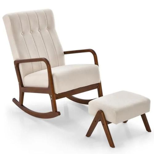 Costway Fauteuil À Bascule Avec Ottoman, En Tissu Rembouré Cadre En Bois D'hévéa Massif Et Coussin Rembourré Capitonné, Beige