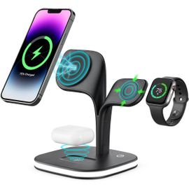 5 en 1 Chargeur Induction, Chargeur Mag-Safe avec Lampe et Port de Charge USB, Station de Chargeur sans Fil Magnétique, Chargeur Rapide iPhone 14/13/12/Pro Max/Plus/Mini, iWatch, AirPods 2/3/Pro