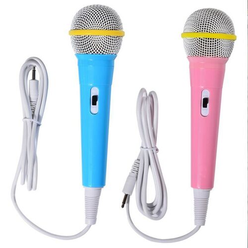 Deux microphones filaires, microphone dynamique filaire prise jack 3,5 mm, lumière sans batterie, machine à chanter pour enfants, microphone filaire domestique (bleu + rose)