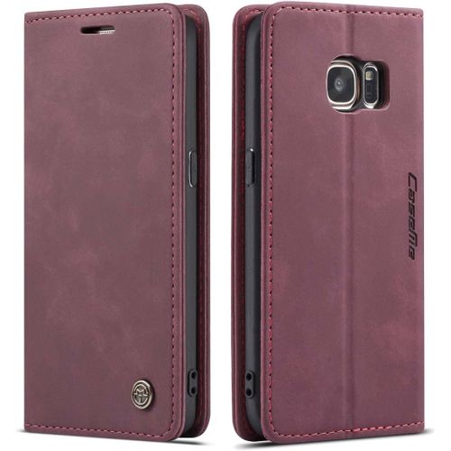 Coque Compatible Avec Samsung Galaxy S7 Edge,Anti-Choc Housse En Cuir Premium Flip Case Portefeuille Etui,Vin Rouge