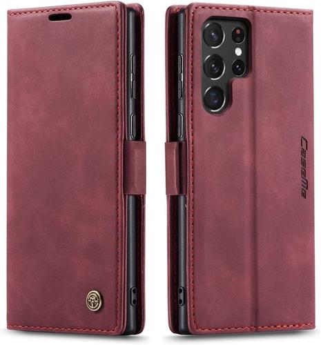 Coque Compatible avec Samsung Galaxy S22 Ultra,Anti-Choc Housse en Cuir Premium Flip Case Portefeuille Etui,Vin Rouge