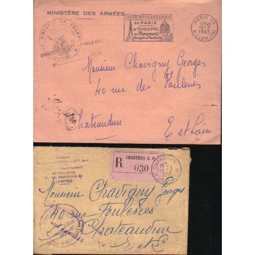 Lot De Deux Enveloppes Anciennes / Franchise / Chartres + Paris / Recommandee / 1952 Et 1965