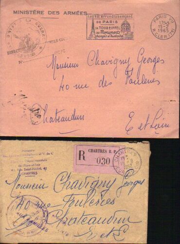 Lot De Deux Enveloppes Anciennes / Franchise / Chartres + Paris / Recommandee / 1952 Et 1965