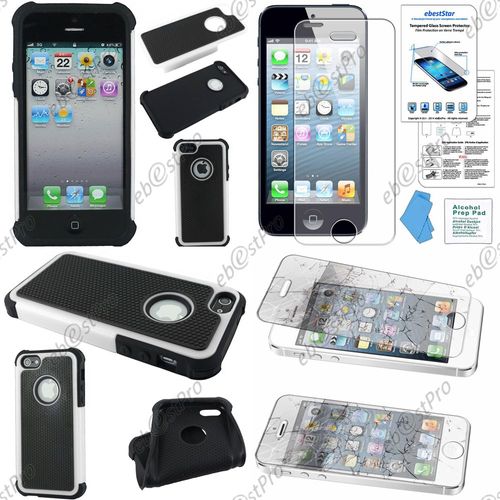 Ebeststar® Film Verre Trempé + Deux Couches De Protection Etui Housse Coque Duo En Silicone Et Polycarbonate Pour Apple Iphone 5s, 5, Couleur Blanc