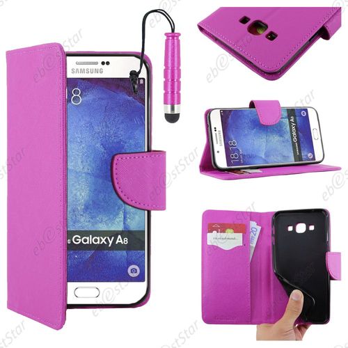Ebeststar ® Housse Coque Etui Portefeuille Support Folio Simi Cuir Pour Samsung Galaxy A8 Sm-A800f, Couleur Violet + Mini Stylet + 1 Film Protection D'écran + Lingette