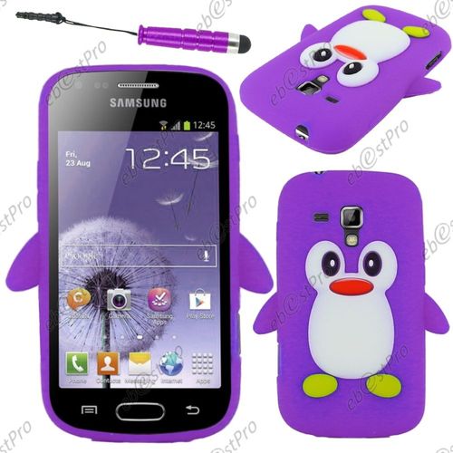 Ebeststar ® Etui Housse Coque Pingouin Silicone Souple Design Fun Pour Samsung Galaxy Trend S7560, S Duos S7562, Couleur Violet + Mini Stylet + 1 Film Protection D'écran + Lingette